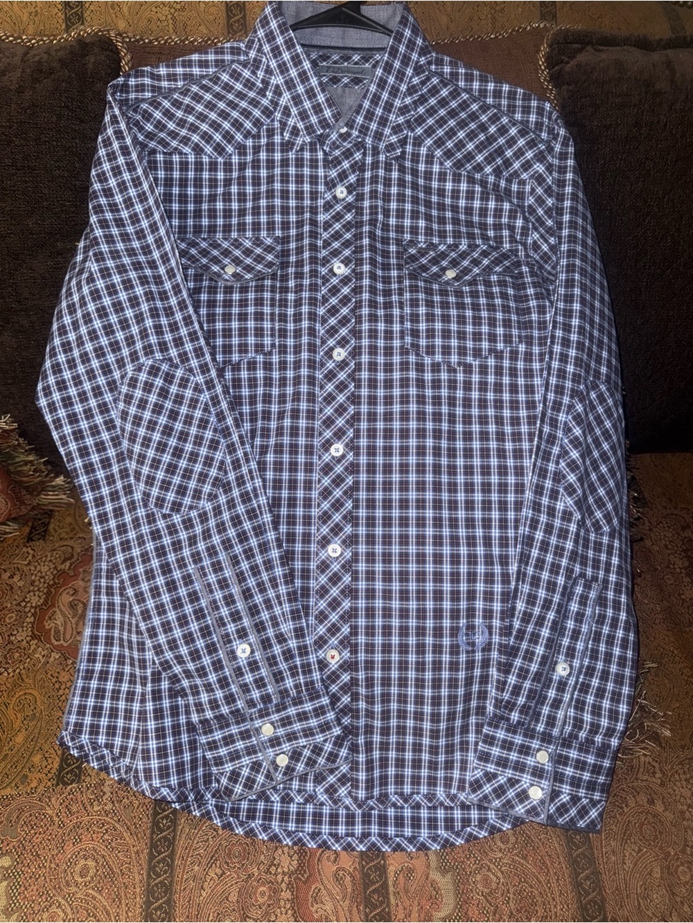 7 Diamonds  Large
Men's Blue Plaid Long-Sleeve Button-Up Shirt